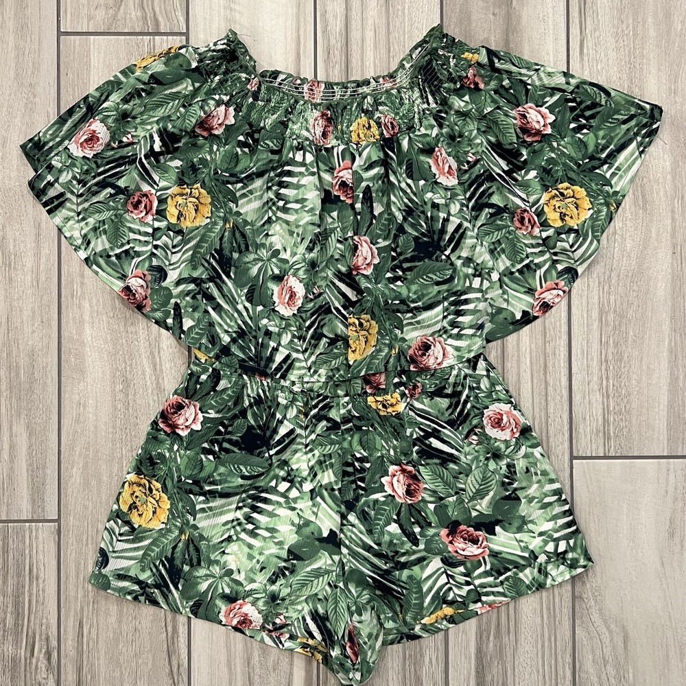 Izzy & Lola Tropical Floral Off Shoulder Romper Boho Vacation Beach Summer Med‎